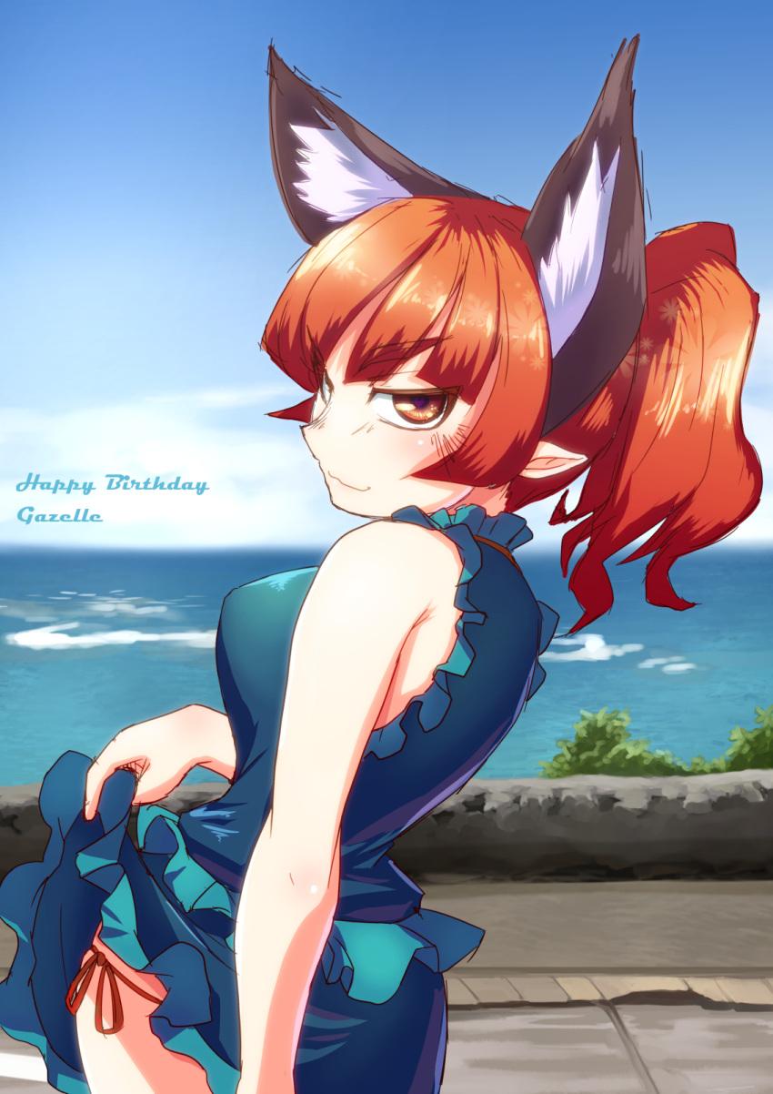1girl adapted_costume alternate_hairstyle animal_ears bare_arms bare_shoulders blue_dress blue_sky cat_ears clouds dress dress_lift extra_ears highres kaenbyou_rin ocean panties ponytail red_eyes red_panties redhead side-tie_panties sky sleeveless sleeveless_dress smirk solo tora_(trampjing) touhou underwear