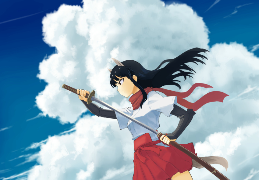 1girl anabuki_tomoko animal_ears black_hair brown_eyes clouds drawing_sword katana nontraditional_miko scarf shiratama_(hockey) sky solo strike_witches sword tail weapon