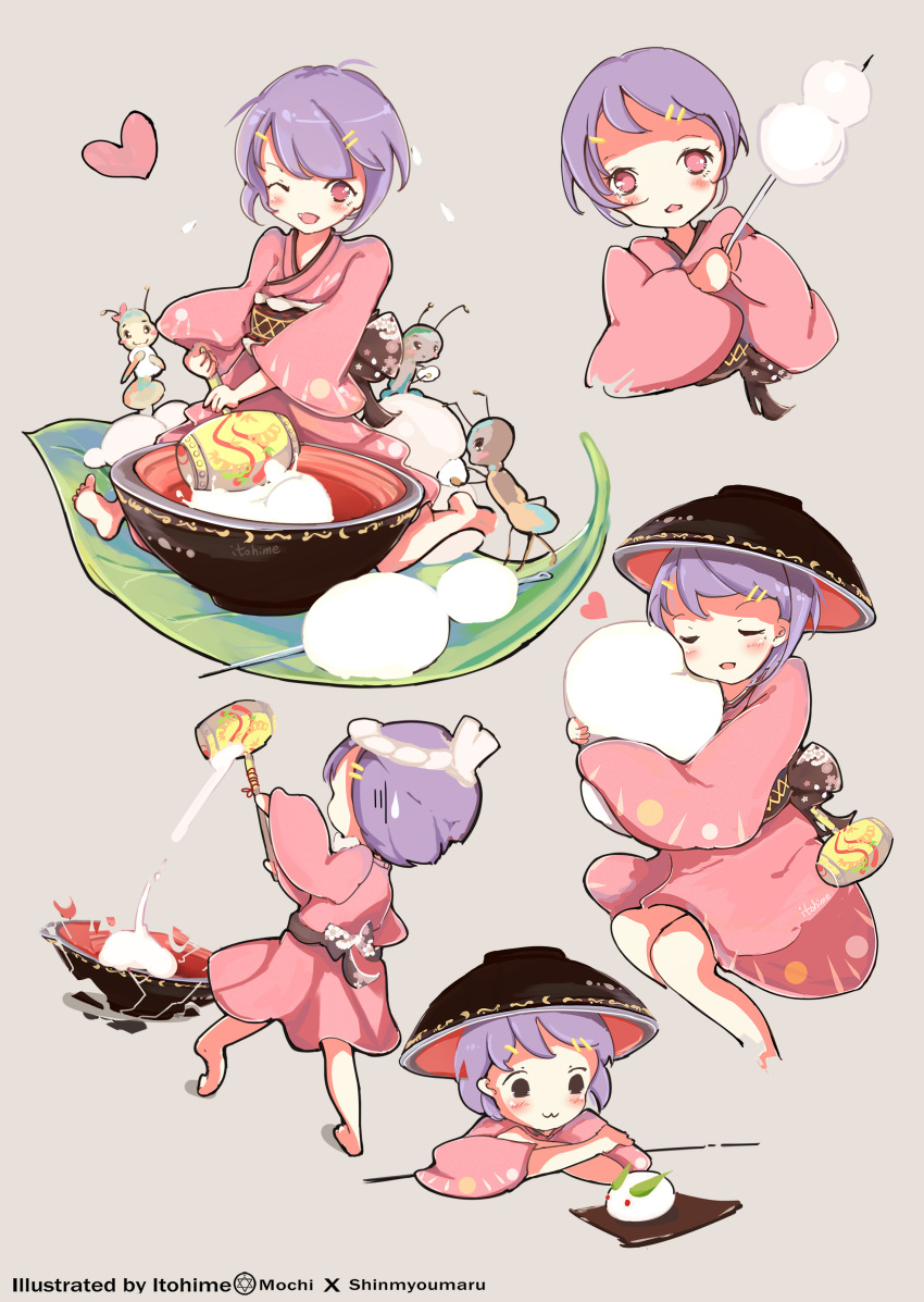 1girl :3 absurdres alternate_headwear ant bowl broken commentary_request food food_as_clothes food_themed_clothes hair_ornament hairclip hammer hat heart highres itohime japanese_clothes kimono leaf mochi needle one_eye_closed open_mouth pink_eyes purple_hair sash smile solo sukuna_shinmyoumaru sweatdrop touhou wagashi