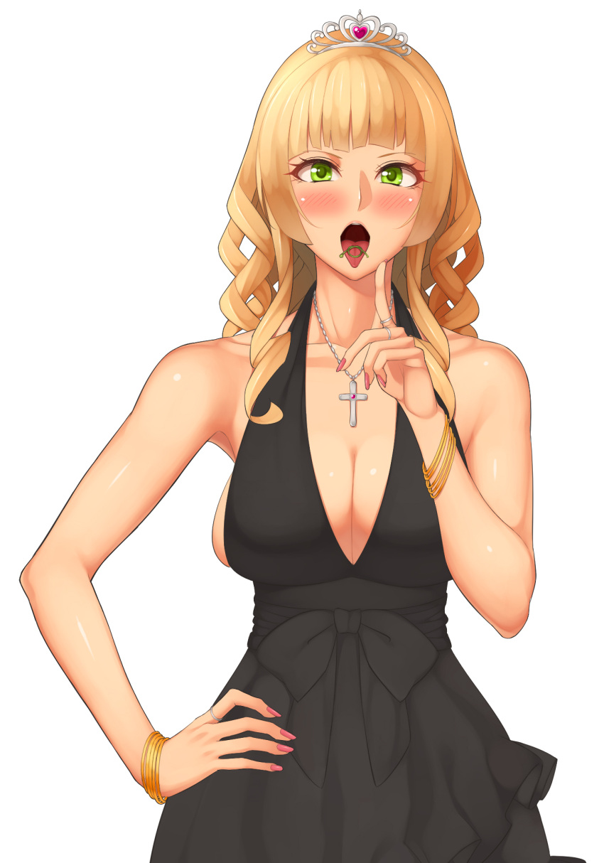 1girl bare_shoulders blush bracelet breasts cherry_stem_knot cleavage dress green_eyes hand_on_hip highres jewelry kedama_keito large_breasts long_hair looking_at_viewer necklace open_mouth original pointing ring sleeveless sleeveless_dress solo tiara tongue tongue_out
