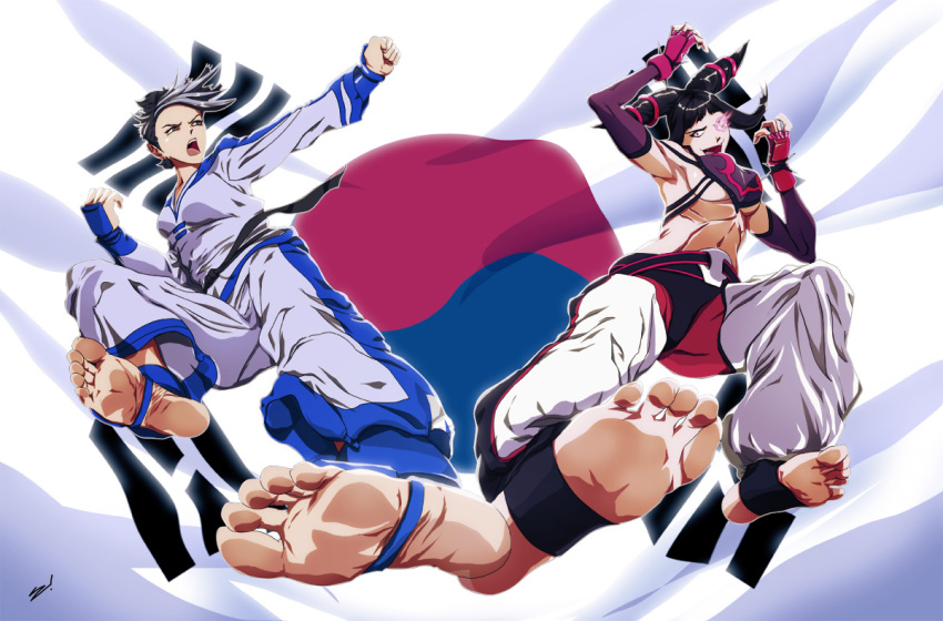 2girls baggy_pants barefoot black_hair breasts chae_lim crossover dougi feet flying_kick foreshortening glowing glowing_eye han_juri kicking king_of_fighters king_of_fighters_maximum_impact multiple_girls pants pov_feet scamwich short_twintails soles south_korean_flag street_fighter street_fighter_iv toes tomboy twintails under_boob violet_eyes