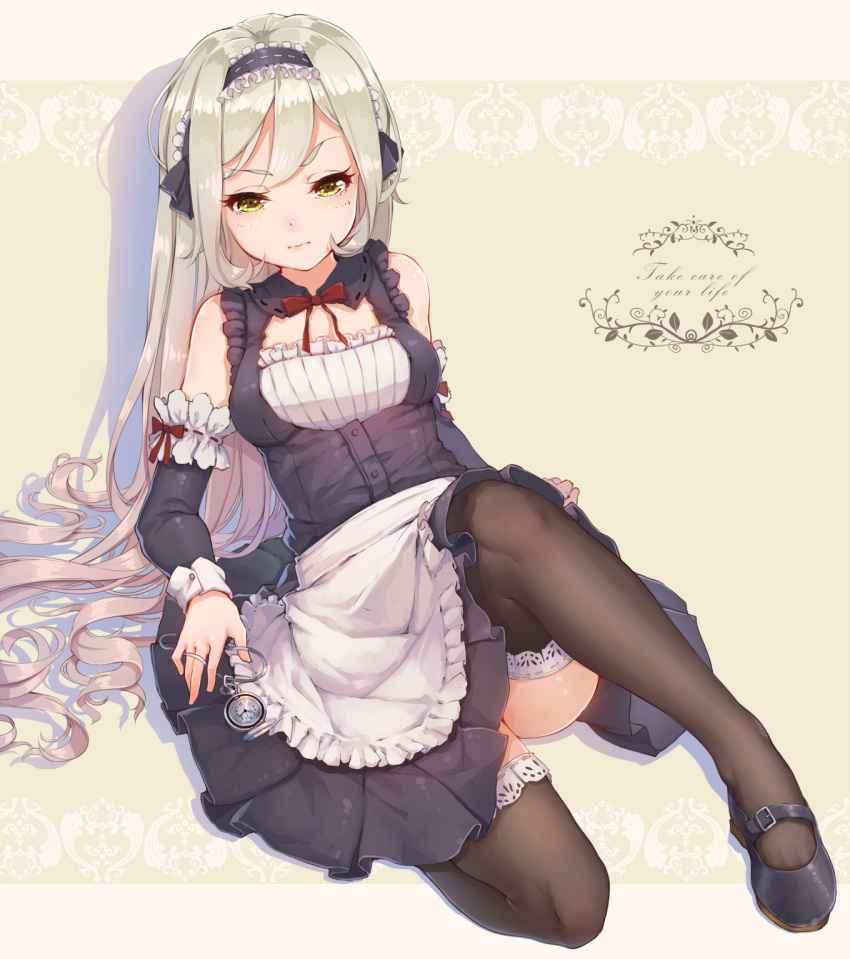 1girl 3: apron blonde_hair detached_collar detached_sleeves english fangxiang_cuoluan frills highres lace lace-trimmed_thighhighs long_hair maid maid_apron maid_headdress mary_janes original pocket_watch ribbon-trimmed_collar ribbon_trim shoes solo text thigh-highs very_long_hair watch yellow_eyes