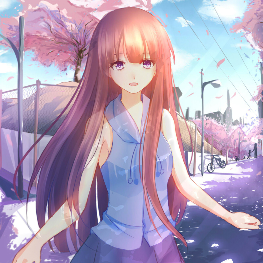 1girl :d brown_hair casual cherry_blossoms highres long_hair looking_at_viewer open_mouth original petals road shiguru smile solo_focus spring street tagme tree violet_eyes wind
