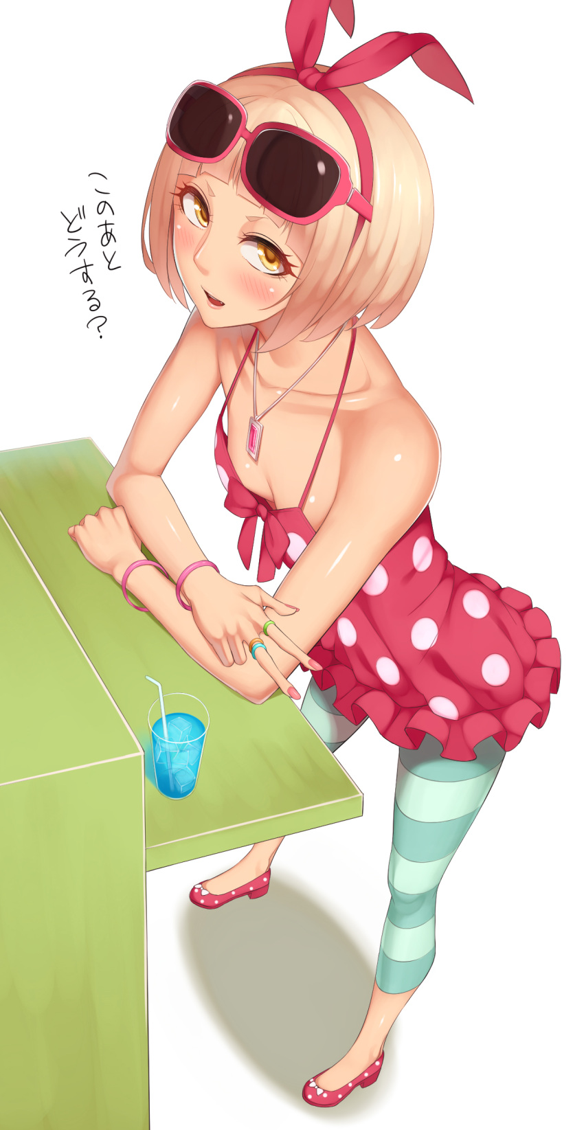 1girl absurdres bare_shoulders blonde_hair blush bracelet breasts cleavage dress glass hairband highres jewelry kedama_keito looking_at_viewer necklace no_socks open_mouth original polka_dot polka_dot_dress polka_dot_shoes ring short_hair sleeveless sleeveless_dress solo sunglasses sunglasses_on_head translated water yellow_eyes