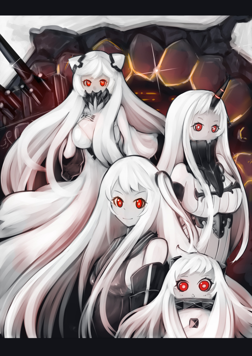 4girls ahoge aircraft_carrier_oni black_dress covered_mouth detached_sleeves dress highres horn horns kantai_collection kuronekozero letterboxed long_hair looking_at_viewer machinery midway_hime multiple_girls northern_ocean_hime one_side_up pale_skin red_eyes ribbed_sweater sailor_collar sailor_dress seaport_hime shinkaisei-kan smile sweater triangle_mouth very_long_hair white_dress white_hair