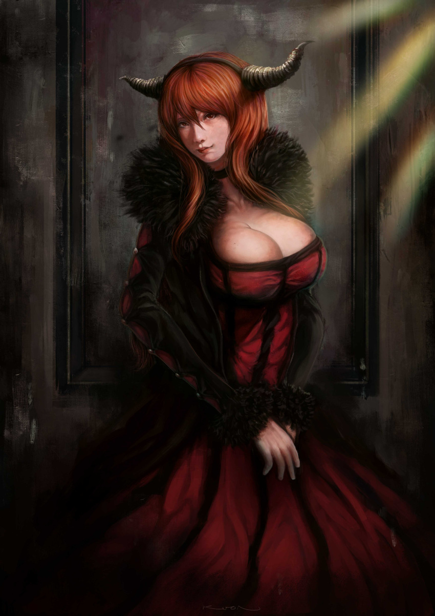 1girl absurdres breasts brown_hair bust choker cleavage female fur_trim highres horns huge_breasts indoors kuon_(kwonchanji) light_rays long_hair looking_at_viewer maou_(maoyuu) maoyuu_maou_yuusha nose realistic red_eyes redhead solo