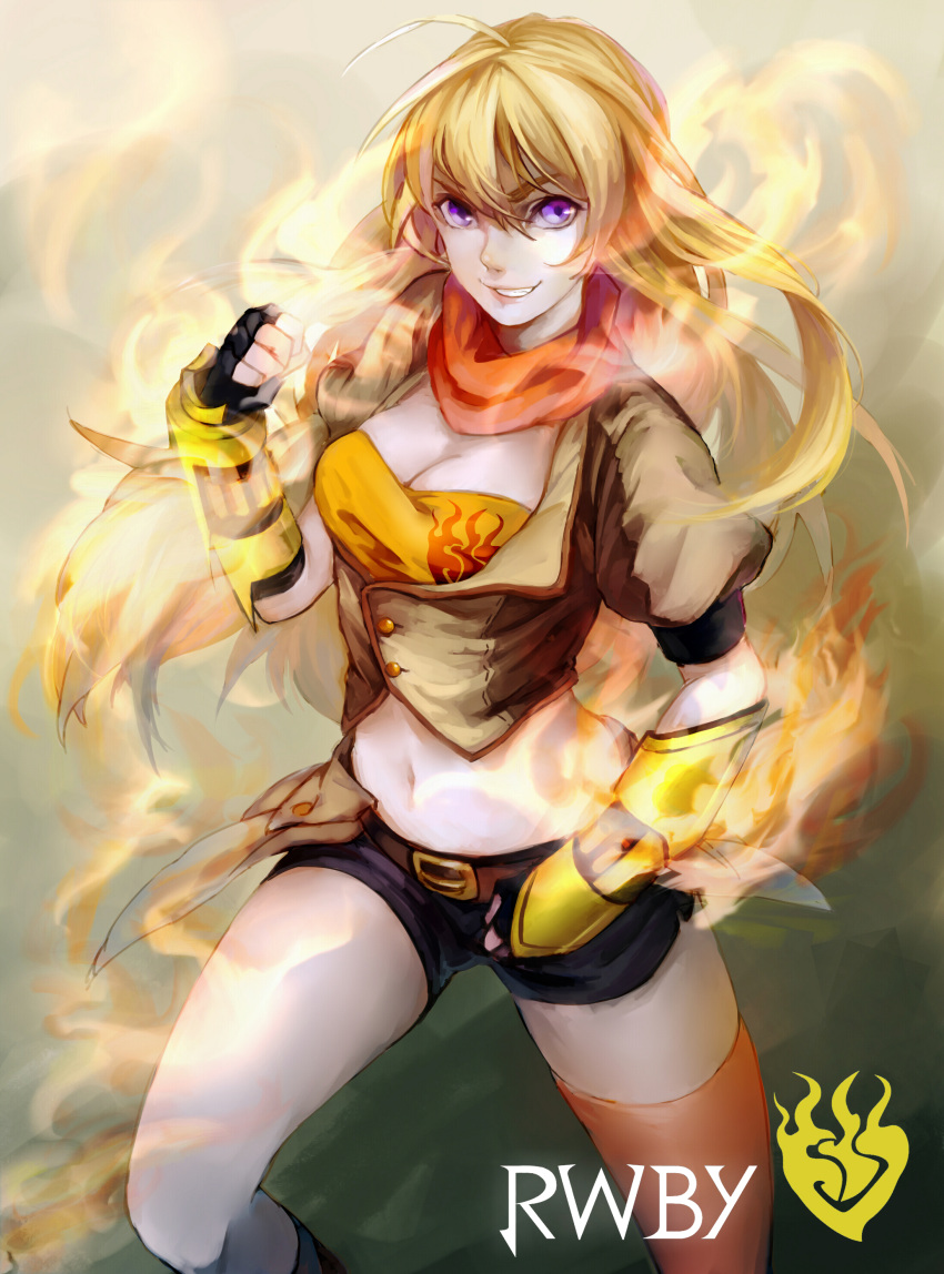 1girl absurdres ahoge blonde_hair breasts cleavage copyright_name fingerless_gloves fire gauntlets gloves highres long_hair luo3554755 rwby single_thighhigh smile solo thigh-highs yang_xiao_long