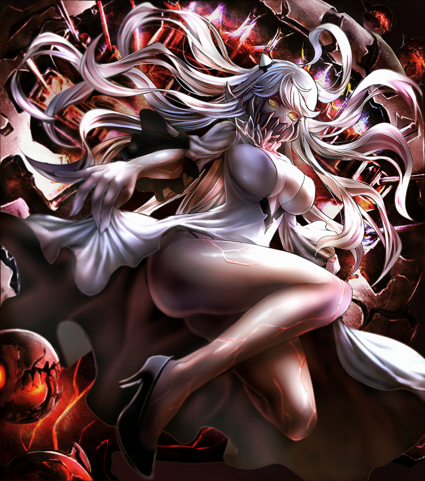 1girl breasts dress high_heels highres hinoura111 horns kantai_collection large_breasts long_hair looking_at_viewer midway_hime pale_skin panties shinkaisei-kan solo underwear veins white_hair yellow_eyes