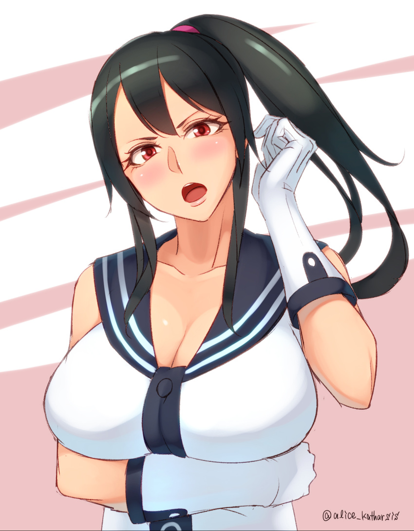 1girl black_hair blush breasts cleavage gloves highres kantai_collection kedama_keito large_breasts long_hair looking_at_viewer open_mouth ponytail red_eyes solo twitter_username white_gloves yahagi_(kantai_collection)