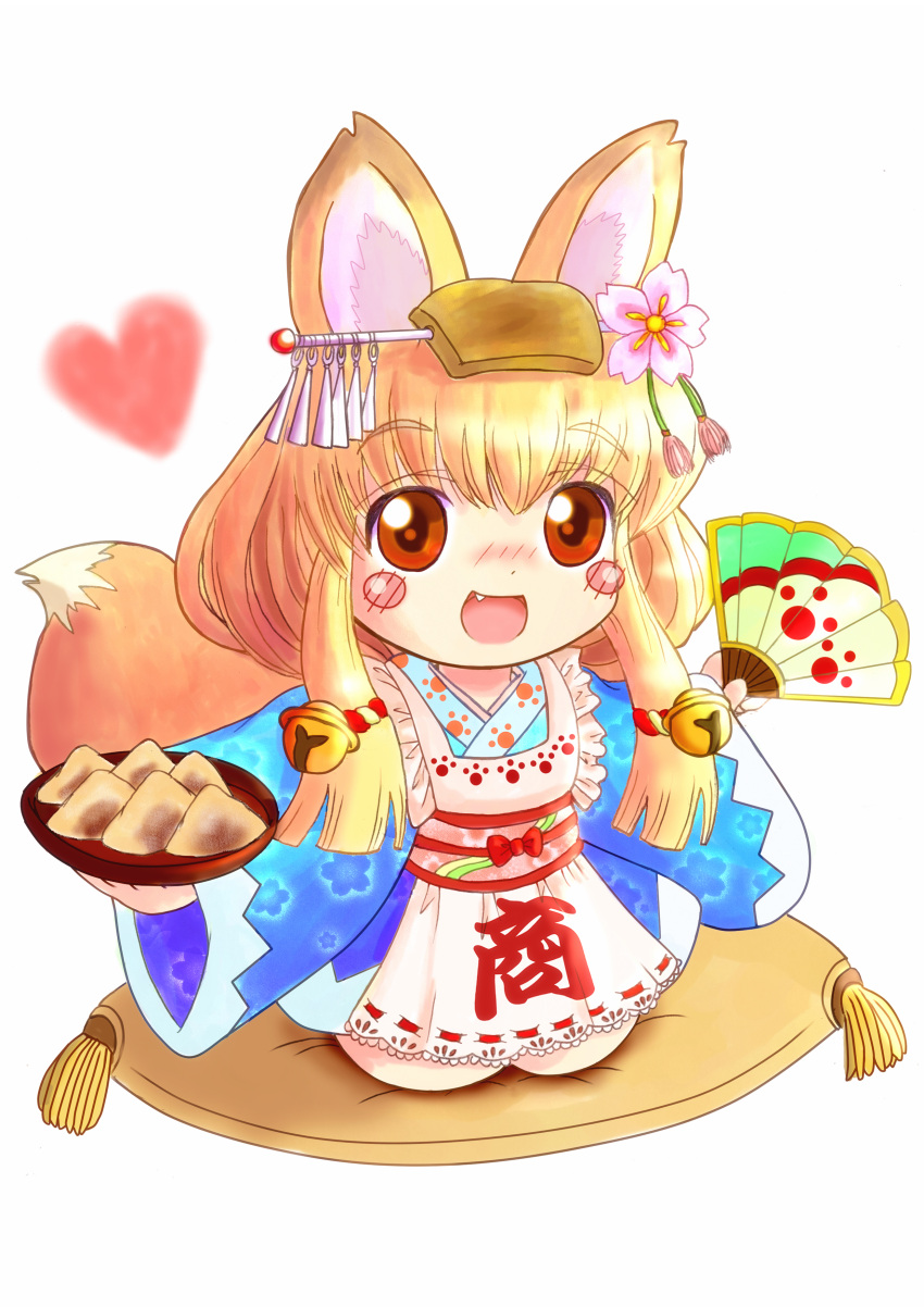 1girl :d absurdres aburaage animal_ears apron blonde_hair blush_stickers chibi copyright_request couch daiso fan folding_fan food fox_ears fox_tail hair_ornament hakama highres japanese_clothes kimono looking_at_viewer open_mouth red_eyes sitting smile solo tagme tail