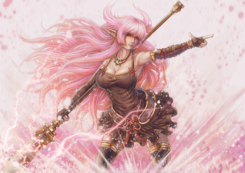 absurdres armpits big_hair black_legwear breasts cleavage collarbone electricity elf expressionless fang_out highres jewelry kuon_(kwonchanji) large_breasts long_hair naginata necklace original pink_background pink_hair pointing pointy_ears polearm skirt thigh-highs very_long_hair weapon zettai_ryouiki
