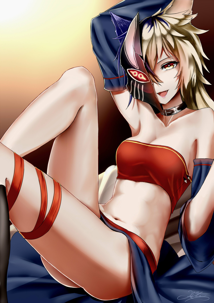 1girl :d absurdres animal_ears arm_up armpits bandeau bangs bare_shoulders black_legwear blonde_hair blue_hair breasts chain_chronicle choker cleavage collarbone cowboy_shot fang hair_between_eyes highres kneehighs leg_up legs long_hair looking_at_viewer lying mask midriff multicolored_hair navel on_back one_eye_covered open_mouth orange_eyes outstretched_arm shijiu_(adamhutt) shiny shiny_skin signature smile solo tagme tsurime tubetop two-tone_hair