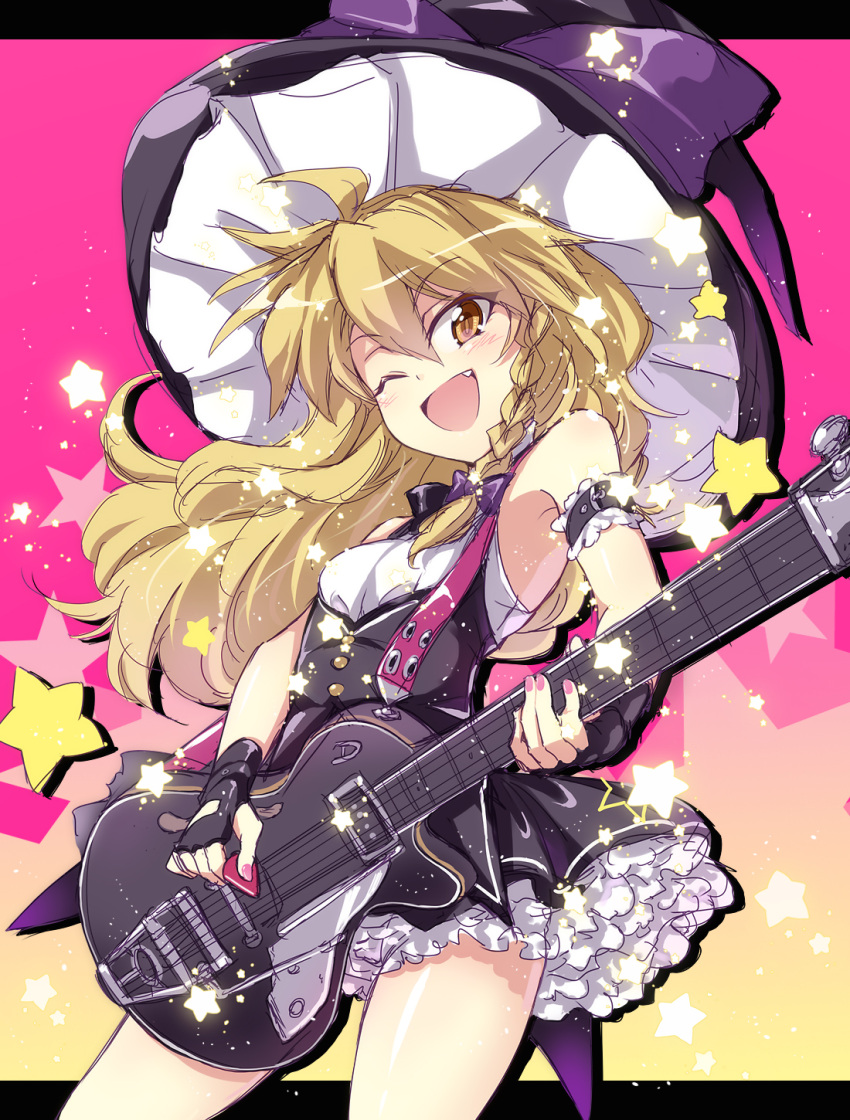 1girl ;d adapted_costume arm_belt arm_cuffs armpits bare_shoulders big_hat black_gloves blonde_hair blush bow braid buttons dress fang fingerless_gloves fingernails frills gloves guitar hat highres instrument kirisame_marisa long_hair nail_polish one_eye_closed open_mouth pink_background pink_nails playing_instrument purple_bow short_dress single_braid smile solo star starry_background strap touhou touya_(the-moon) witch_hat yellow_eyes