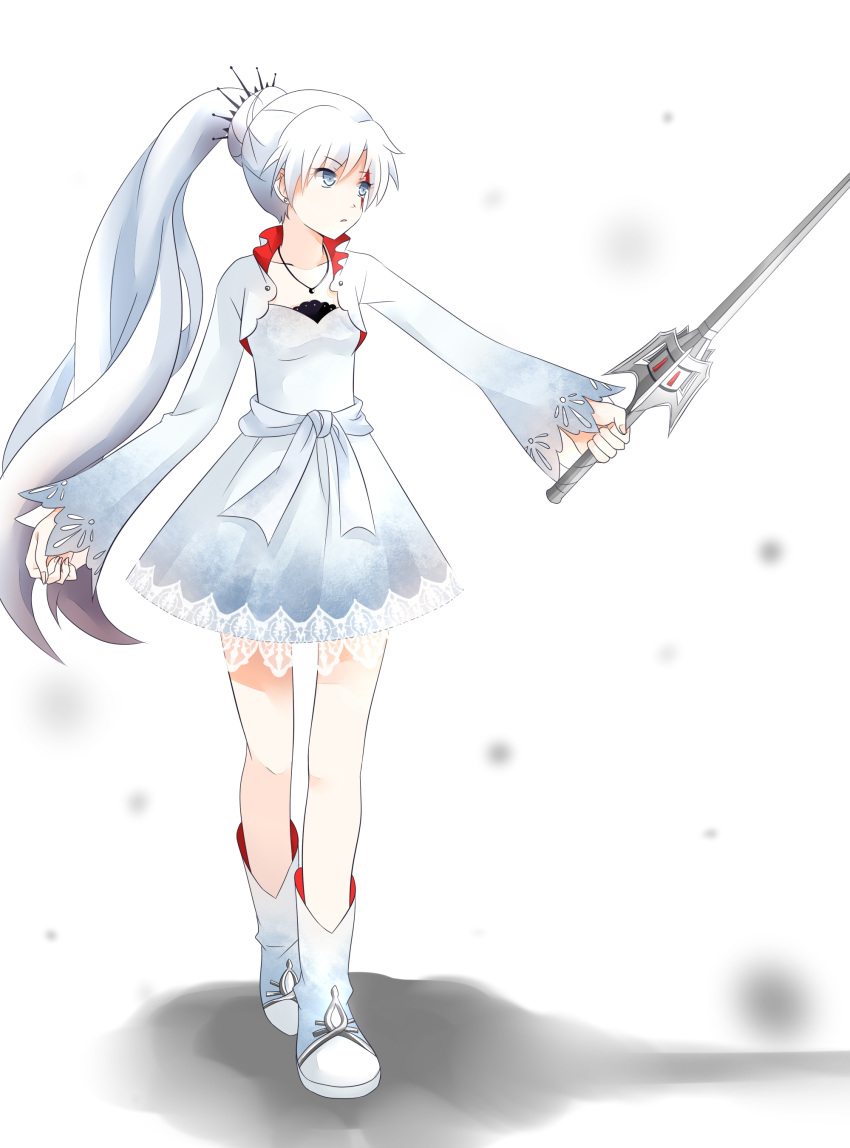 absurdres blood blood_on_face boots cropped_jacket dress frilled_skirt frills hair_ornament hair_up highres jewelry long_hair long_sleeves necklace ponytail rwby saber_(weapon) skirt sword tagme very_long_hair weapon weiss_schnee