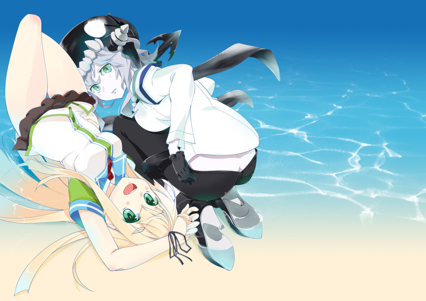 2girls adapted_costume alternate_costume beach blonde_hair cover cover_page doujin_cover hair_ornament hair_ribbon hairclip highres imu_sanjo kantai_collection long_hair long_sleeves looking_at_viewer lying multiple_girls ocean on_back pleated_skirt red_eyes ribbon school_uniform serafuku skirt wo-class_aircraft_carrier yuudachi_(kantai_collection)