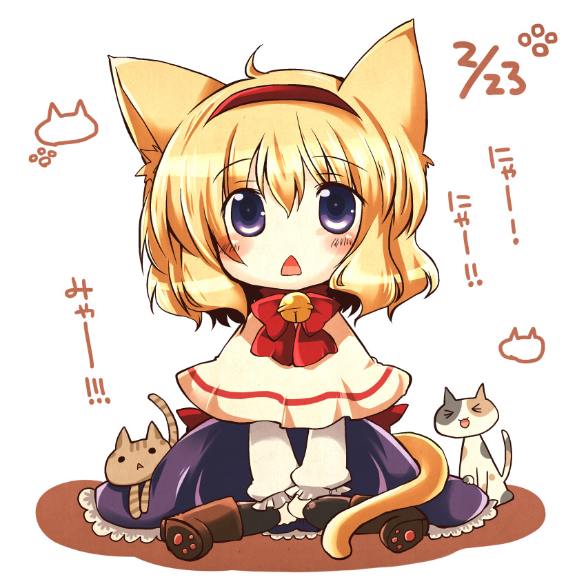 1girl absurdres alice_margatroid animal_ears blonde_hair blue_eyes capelet cat cat_ears cat_paws cat_tail chibi deformed futami_yayoi hairband highres kemonomimi_mode open_mouth paws sash sitting tail touhou triangle_mouth wariza