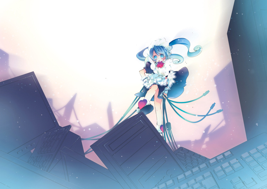 1girl blue_eyes blue_hair cable computer computer_keyboard from_below instrument keyboard_(instrument) long_hair looking_at_viewer looking_down maid mitaringo open_mouth original solo tagme twintails wind