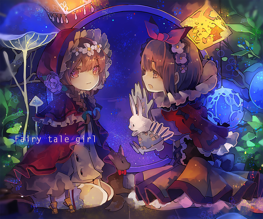 2girls :d braid brown_eyes brown_hair cha_goma hair_ornament highres hood little_red_riding_hood looking_at_viewer multiple_girls open_mouth original rabbit sitting smile tagme twin_braids