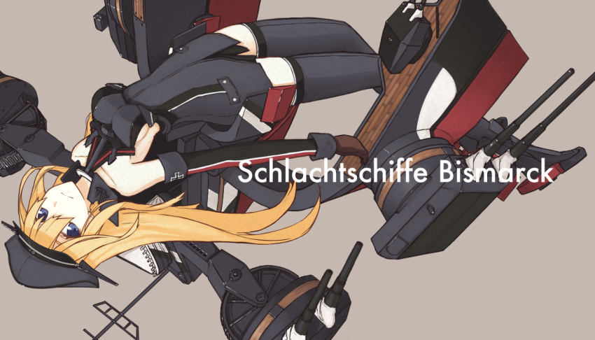 1girl alternate_color bare_shoulders bismarck_(kantai_collection) blonde_hair blue_eyes breasts brown_gloves character_name detached_sleeves german gloves grey_legwear hat iron_cross kantai_collection long_hair looking_at_viewer machinery mikoto_(oi_plus) military military_hat military_uniform peaked_cap ranguage sideboob solo thigh-highs translated uniform