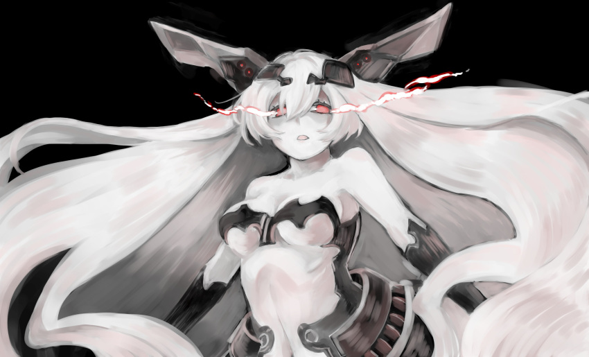 1girl absurdres anchorage_hime black_background black_gloves breasts elbow_gloves gloves glowing glowing_eyes headgear highres kantai_collection long_hair looking_at_viewer mi_akashi navel pale_skin red_eyes shinkaisei-kan solo under_boob very_long_hair white_hair