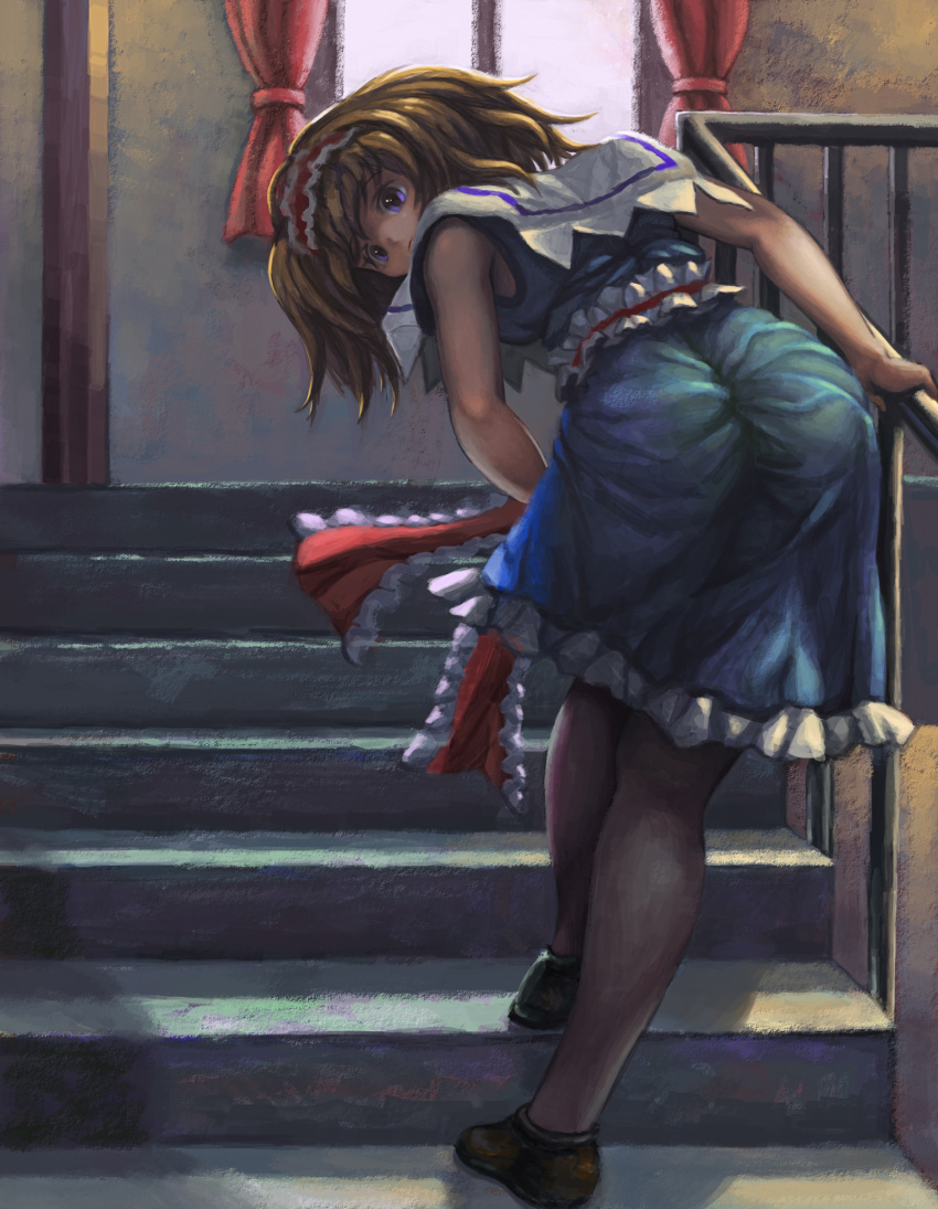 1girl alice_margatroid ass blonde_hair curtains dress frilled_dress frills hairband handrail highres looking_at_viewer looking_back pantyhose short_hair sleeveless stairs syuraime_0 touhou violet_eyes wedgie window