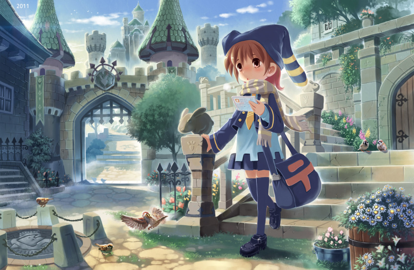 1girl 2011 :o bag banner bird blouse blue_legwear blush brown_eyes brown_hair buckle building buttons castle chain cobblestone cropped_jacket daisy fence flower grass hair hat highres holding holding_paper jester_cap kankurou letter long_sleeves manhole_cover necktie original outdoors plant pleated_skirt portcullis potted_plant rabbit railing scarf sculpture shoes short shoulder_bag skirt sky solo spire stairs stone_wall striped striped_scarf sun tagme thigh-highs tower tree walking wall zettai_ryouiki