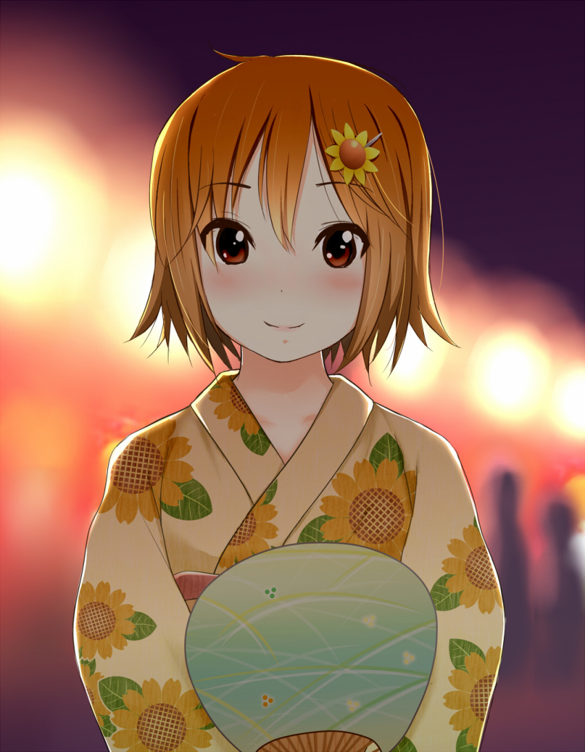 1girl alternate_hairstyle blush brown_eyes brown_hair bust collarbone fan festival floral_print hair_down hair_ornament hairpin highres japanese_clothes k-on! kimono light looking_at_viewer night paper_fan short_hair silhouette smile tainaka_ritsu tateshina uchiwa yukata