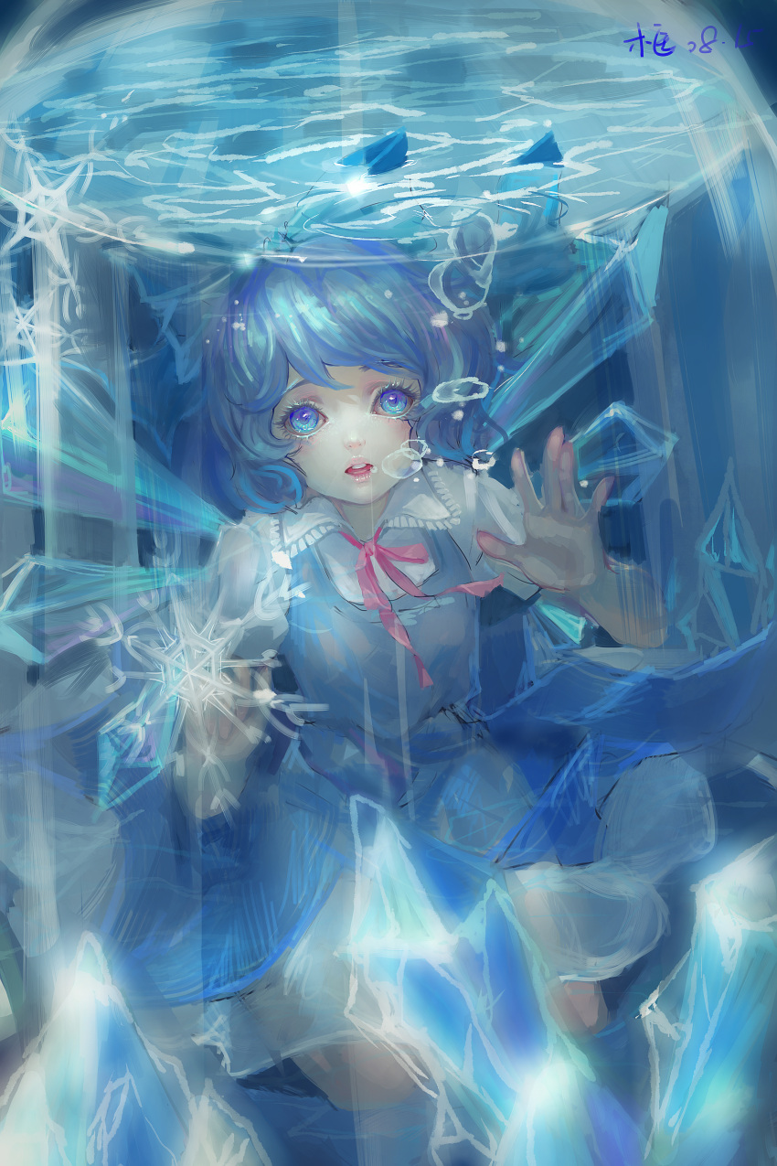 1girl absurdres blue_dress blue_eyes blue_hair bow bubble cirno dress hair_bow highres ice ice_wings kamachi_kamachi-ko lips looking_at_viewer open_mouth puffy_short_sleeves puffy_sleeves shirt short_sleeves solo touhou underwater wings
