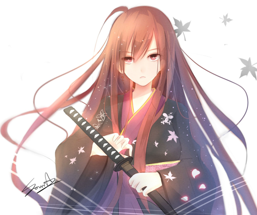 1girl artist_name frown hair_between_eyes highres holding_sword holding_weapon japanese_clothes katana kimono leaf light_particles long_hair looking_at_viewer maple_leaf original red_eyes redhead shiguru signature solo sword weapon white_background