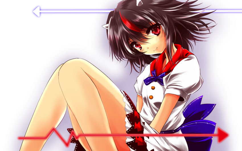 1girl black_hair dress highres horns kijin_seija looking_at_viewer multicolored_hair nekominase pointer print_dress puffy_short_sleeves puffy_sleeves red_eyes redhead sash short_sleeves silver_hair sitting smile solo streaked_hair touhou white_dress