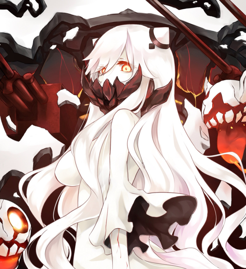 1girl azuuru_(azure0608) blood breasts dress highres horns kantai_collection long_hair looking_at_viewer machinery midway_hime pale_skin red_eyes shinkaisei-kan solo tagme turret white_dress white_hair