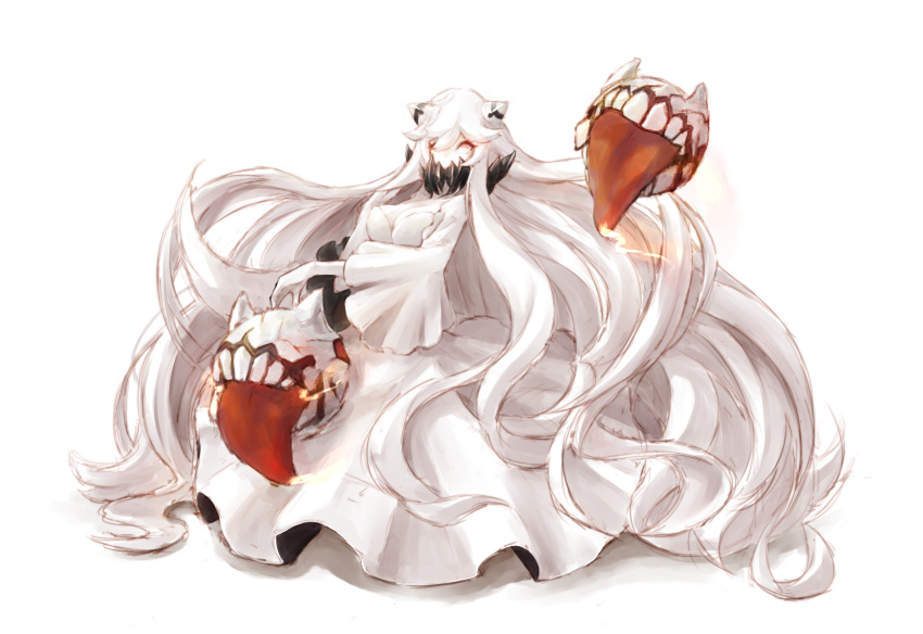 1girl buran_(kure) dress highres horns kantai_collection long_hair looking_at_viewer midway_hime monster pale_skin red_eyes shinkaisei-kan solo tongue tongue_out very_long_hair white_hair
