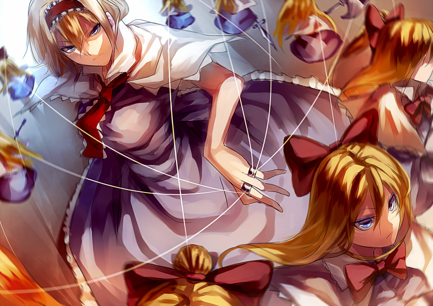 1girl alice_margatroid battle_axe blonde_hair blue_dress blue_eyes bow capelet commentary_request dress hair_bow hairband lolita_hairband puppet_rings puppet_strings shaded_face shanghai_doll sword touhou uu_uu_zan weapon