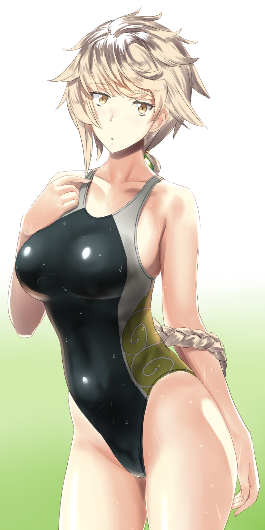1girl :o absurdres arm_at_side bare_shoulders blonde_hair braid breasts collarbone competition_swimsuit cowboy_shot gradient gradient_background hair_tie hand_on_own_shoulder highres kantai_collection large_breasts long_hair looking_at_viewer one-piece_swimsuit shiny shiny_clothes single_braid skin_tight solo standing swimsuit thighs unryuu_(kantai_collection) wamwam wet yellow_eyes