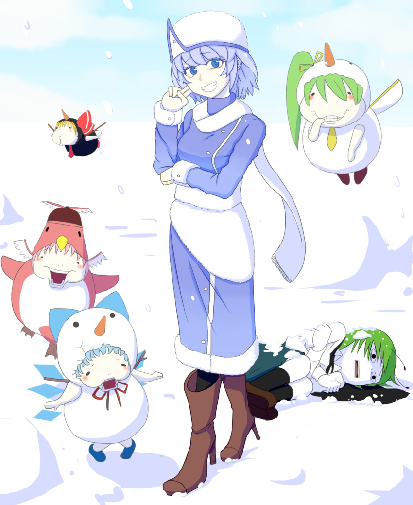 &lt;o&gt;_&lt;o&gt; 6+girls alternate_costume bird blonde_hair blue_eyes blue_hair chibi cirno colored_eyelashes commentary_request daiyousei deformed disguise frozen green_hair grin highres ice letty_whiterock looking_at_viewer lying multiple_girls mystia_lorelei okahi on_side open_mouth pink_hair rumia short_hair side_ponytail smile snow snowing snowman sparrow touhou trembling winter_clothes wriggle_nightbug yuki_onna