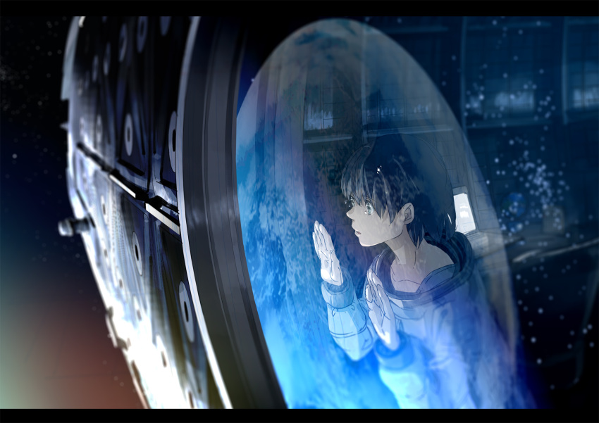 against_glass brown_hair collarbone commentary computer crying earth highres kurono_kuro letterboxed original reflection sad short_hair solo space space_craft spacesuit tears window