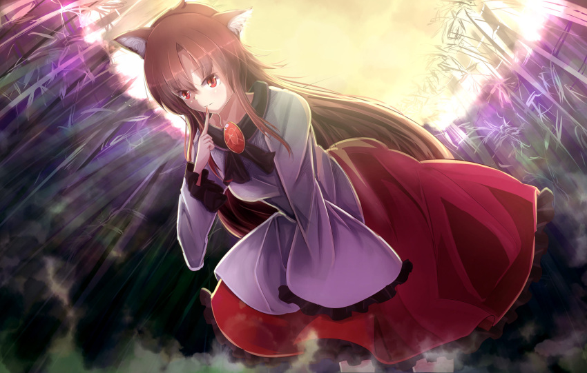 1girl animal_ears bamboo bamboo_forest breasts brooch brown_hair dress fingernails forest highres imaizumi_kagerou jewelry long_fingernails long_hair long_sleeves looking_at_viewer nature red_eyes sanpyon smile solo touhou very_long_hair wolf_ears