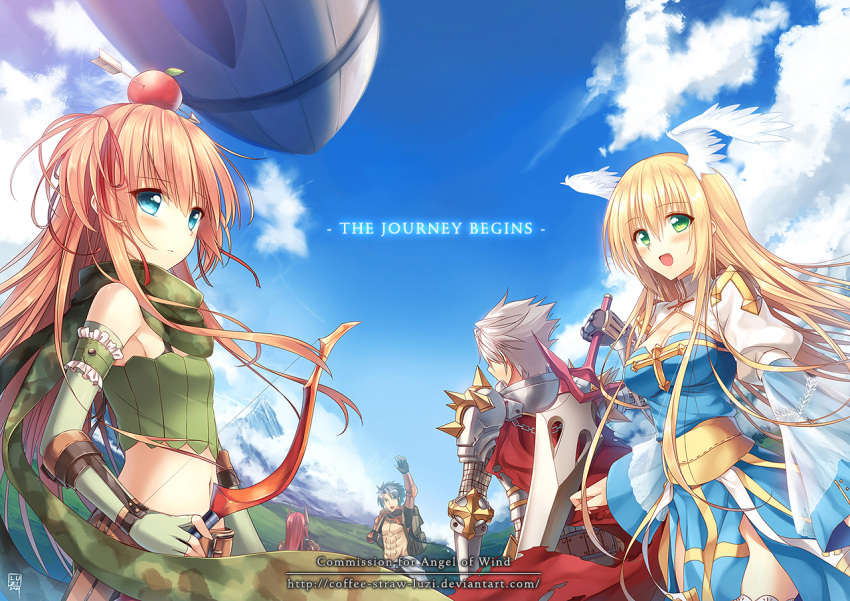 2boys 3girls :d abs airship apple apple_o_archer archbishop arm_garter arm_guards arm_up armor arrow backpack bag bangs bare_shoulders black_eyes black_hair blonde_hair blue_dress blue_eyes bow_(weapon) breasts character_request cleavage clouds crop_top dress elbow_gloves english fingerless_gloves food food_on_head from_behind fruit fruit_on_head gauntlets gloves green_eyes guillotine_cross hair_ornament hair_ribbon head_wings holding light_brown_hair long_hair long_sleeves looking_at_viewer luzi mechanic_(ragnarok_online) midriff mountain multiple_boys multiple_girls navel object_on_head open_mouth orange_hair outdoors pauldrons puffy_long_sleeves puffy_sleeves ragnarok_online ranger_(ragnarok_online) red_cape redhead ribbon rune_knight scarf side_slit signature silver_hair sky smile spikes standing sword two_side_up watermark waving weapon web_address wide_sleeves wind
