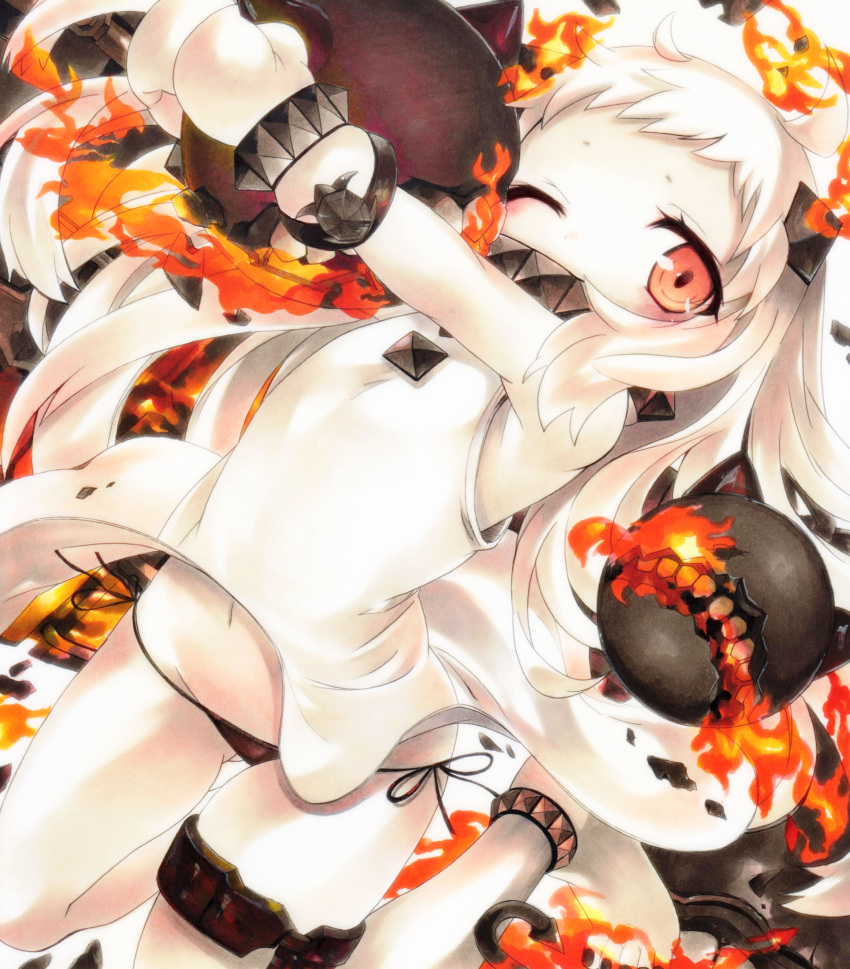 1girl absurdres ahoge anklet bare_shoulders barefoot black_panties black_ribbon blush covered_mouth dress fire highres holding horns jewelry kantai_collection leg_band legs_up long_hair mittens mound_of_venus navel northern_ocean_hime one_eye_closed orange_eyes pale_skin panties ribbon shinkaisei-kan side-tie_panties sleeveless sleeveless_dress solo underwear white_dress white_hair white_skin yukitsuki_kokoro