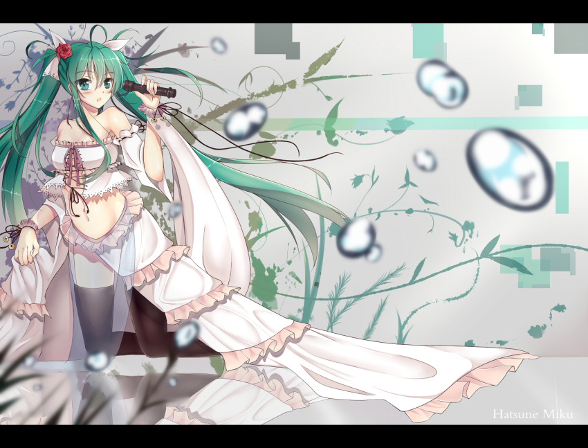 1girl bare_shoulders black_legwear blurry depth_of_field detached_sleeves green_eyes green_hair hair_ornament hatsune_miku holding kneeling long_hair looking_at_viewer microphone navel open_mouth singing solo soulkiller tagme thigh-highs twintails very_long_hair vocaloid water_drop