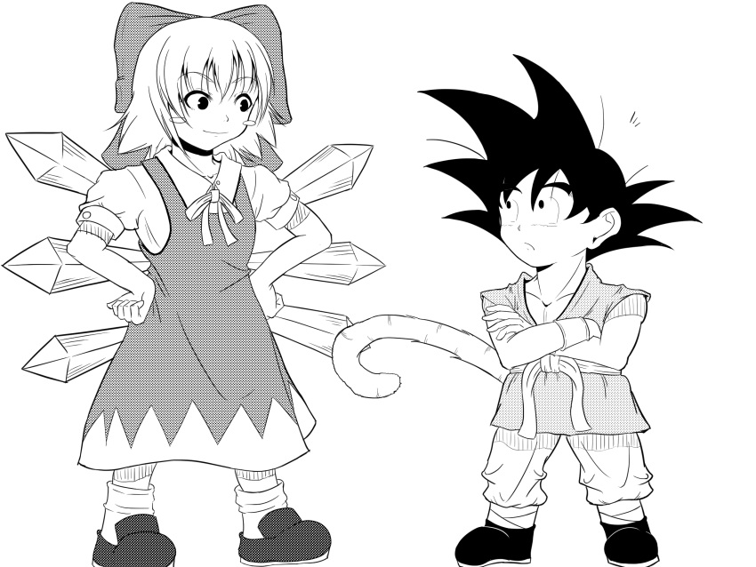 1boy 1girl artist_request bow cirno crossed_arms crossover dragon_ball dragon_ball_gt dress hair_bow hair_ribbon hand_on_hip highres ice ice_wings monkey_tail puffy_sleeves ribbon short_hair son_gokuu spiky_hair touhou wings