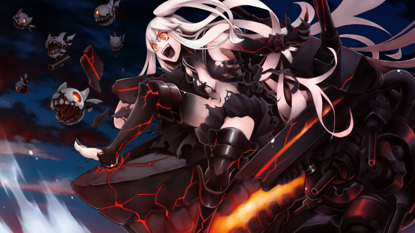 1girl aircraft_carrier_hime boots crazy_eyes gauntlets kantai_collection long_hair machinery navel night night_sky no_bra one_side_up open_mouth orange_eyes pale_skin pectong shinkaisei-kan sky thigh-highs thigh_boots torn_clothes white_hair