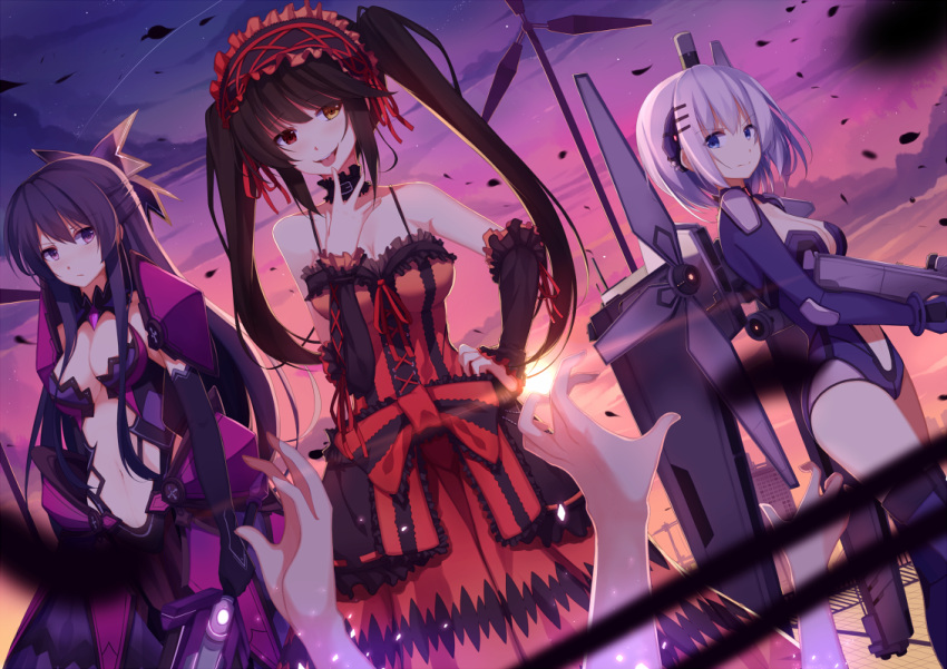 armor bodysuit date_a_live dress gun mecha_musume rizky_(strated) sword tobiichi_origami tokisaki_kurumi weapon yatogami_tooka