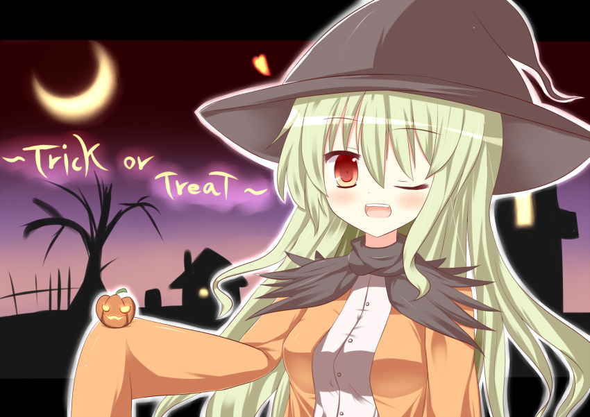 1girl ;d brown_eyes crescent_moon gaius_(nikoniko2) green_hair halloween hat jack-o'-lantern long_hair looking_at_viewer moon one_eye_closed open_mouth original sleeves_past_wrists smile solo tagme witch_hat
