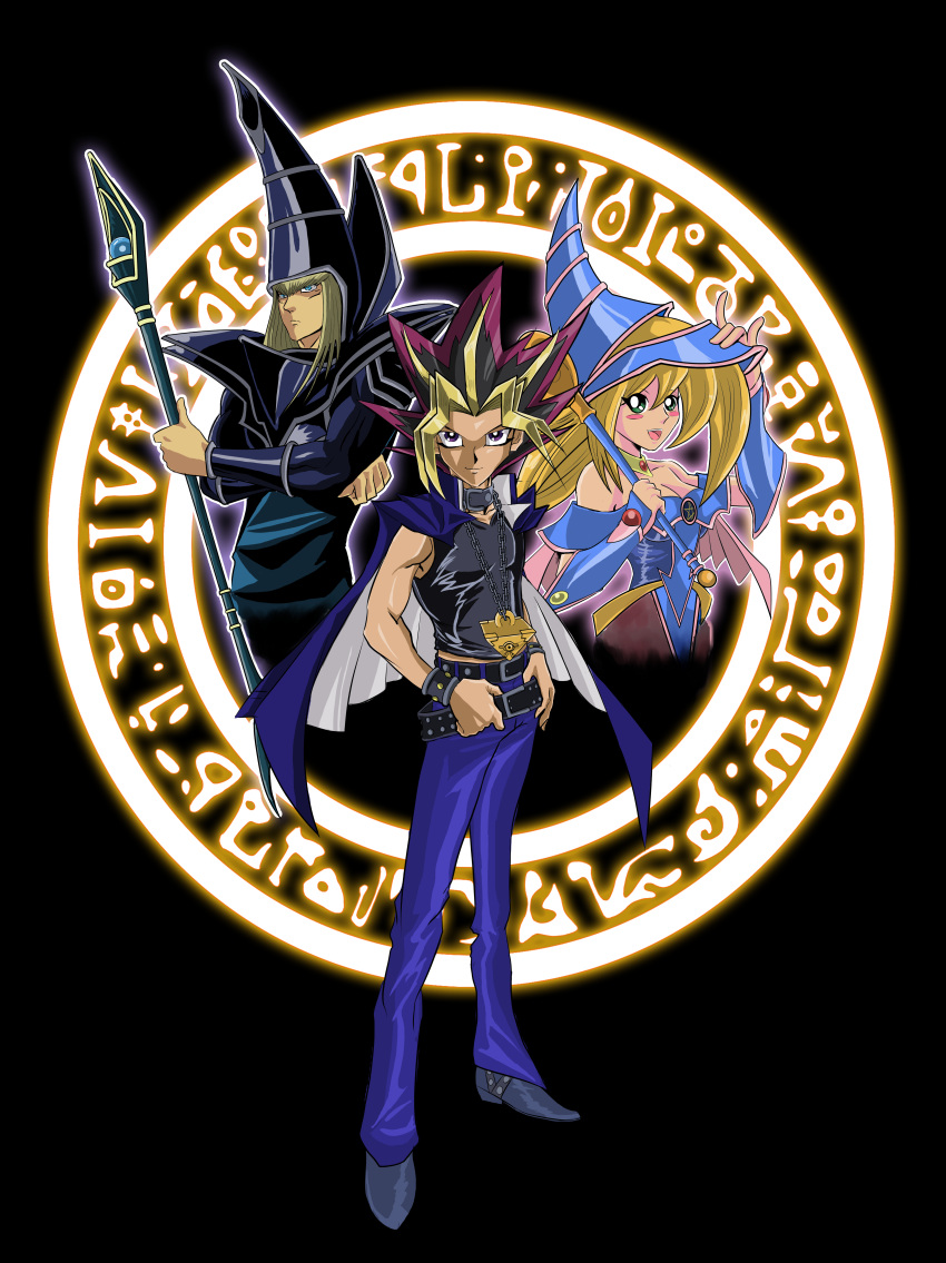1girl 2boys absurdres bare_shoulders belt black_background blonde_hair blue_eyes blush_stickers boots breasts bridal_gauntlets bust capelet chain choker cleavage crossed_arms dark_magician dark_magician_girl denim full_body highres horoko jeans light_smile looking_at_viewer magic_circle multicolored_hair multiple_boys mutou_yuugi open_mouth pants pentacle purple_hair sleeveless spiky_hair staff violet_eyes wand yami_yuugi yuu-gi-ou yuu-gi-ou_duel_monsters