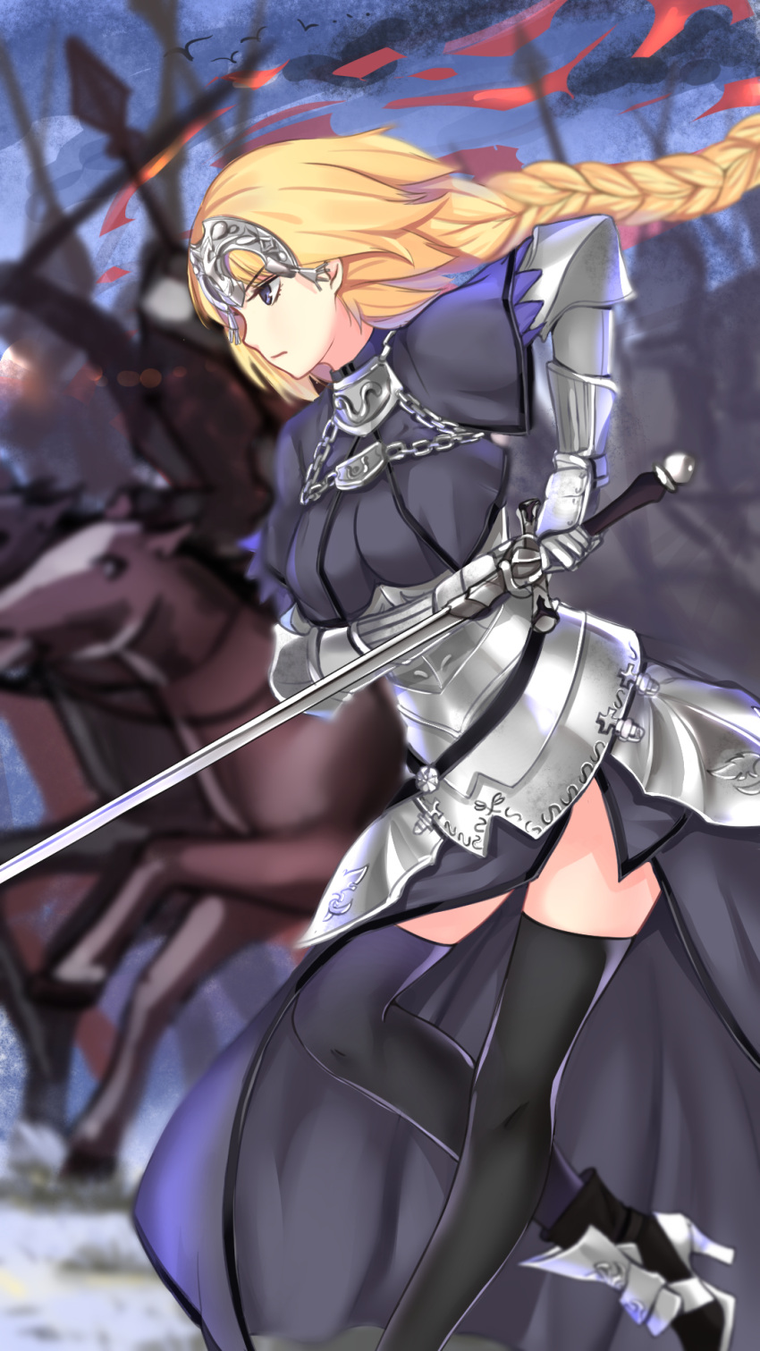 1girl armor armored_dress black_legwear blonde_hair braid breasts capelet fate/grand_order fate_(series) faulds gauntlets headpiece high_heels highres large_breasts long_hair ruler_(fate/apocrypha) single_braid skybuster solo sword thigh-highs violet_eyes weapon
