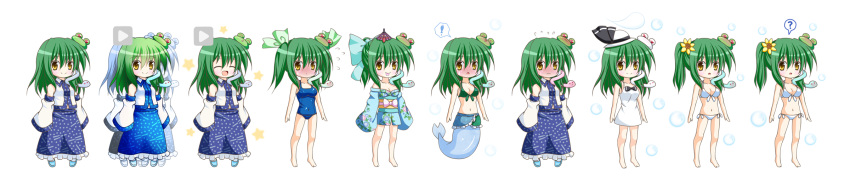 &gt;_&lt; 1girl ? ^_^ afterimage alternate_hairstyle bare_shoulders blue_swimsuit breasts cleavage closed_eyes detached_sleeves dress embarrassed expressionless frog_hair_ornament hair_ornament hair_ribbon highres japanese_clothes karakasa_obake kimono kochiya_sanae konpaku_youmu_(ghost) long_hair long_image mermaid monster_girl navel off_shoulder one-piece_swimsuit open_mouth osashin_(osada) ponytail ribbon sarong skirt smile smirk snake_hair_ornament solo spoken_question_mark swimsuit tail tongue tongue_out touhou twintails umbrella wakasagihime wakasagihime_(cosplay) white_dress wide_image yellow_eyes yukata