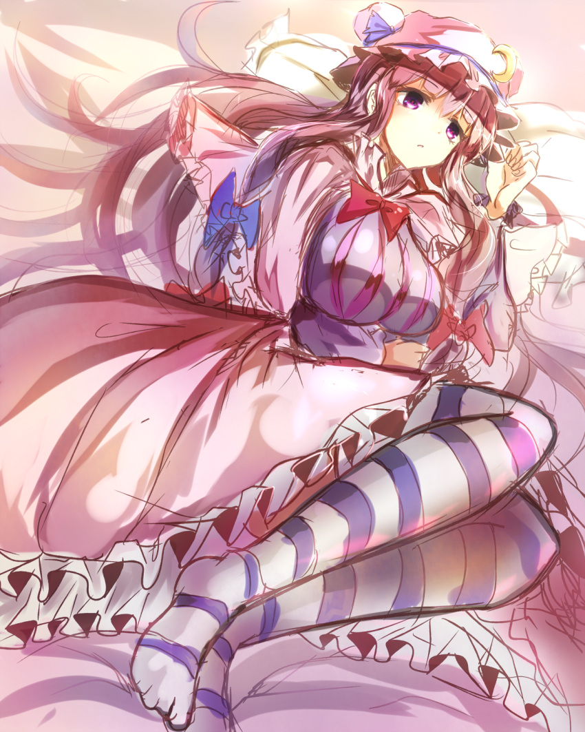 1girl breasts coat crescent dress hair_ribbon hat highres hizagawa_rau large_breasts long_hair lying on_side open_clothes open_coat patchouli_knowledge pink_eyes pink_hair ribbon sketch solo striped striped_dress striped_legwear thigh-highs touhou tress_ribbon very_long_hair