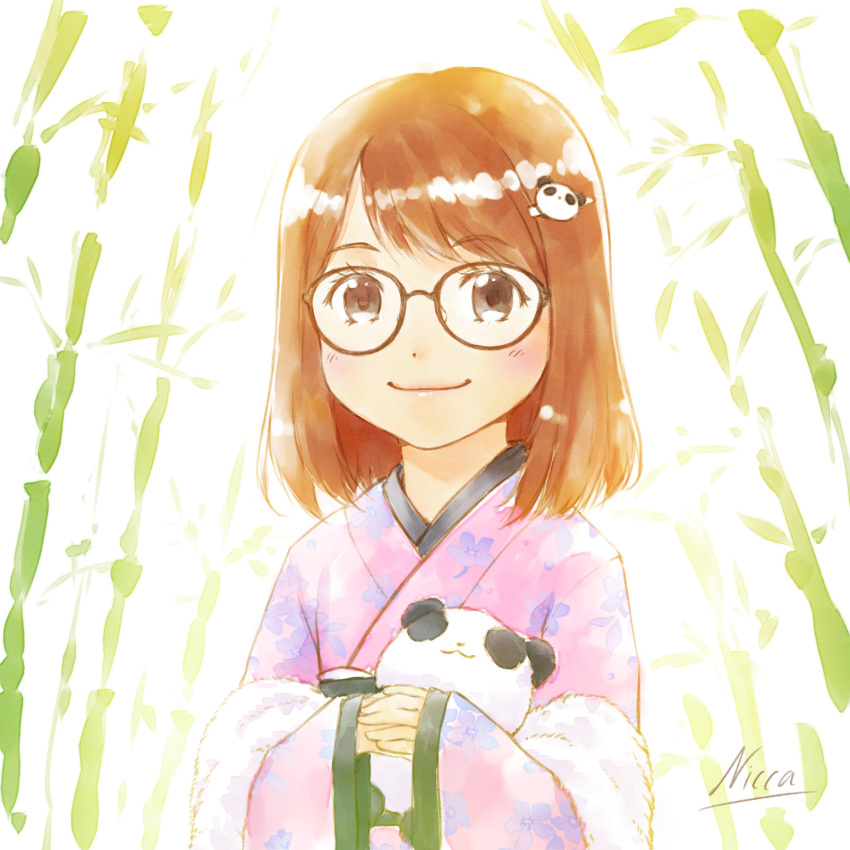 1girl bamboo bamboo_forest brown_eyes brown_hair carrying forest glasses hair_ornament highres japanese_clothes kimono looking_at_viewer nature nicca_(kid_nicca) original panda panda_hair_ornament short_hair smile solo tagme