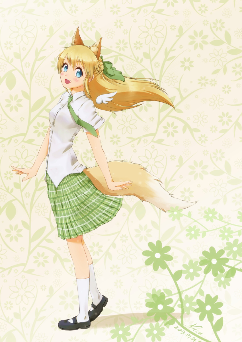 1girl :d animal_ears blonde_hair blue_eyes bow detached_wings fox_ears fox_tail hair_bow hair_ornament hair_ribbon highres long_hair looking_at_viewer mary_janes necktie nicca_(kid_nicca) open_mouth original plaid plaid_skirt pleated_skirt ribbon school_uniform shoes skirt smile solo tail white_legwear wind wings